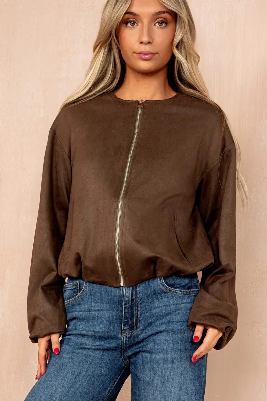 Janet Khaki Faux Suede Bomber Jacket sold by Vavavoom