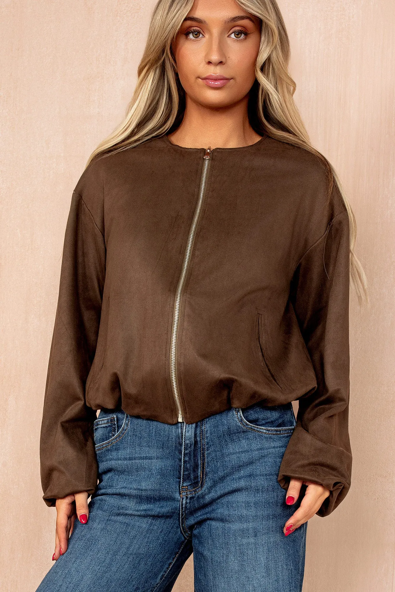 Janet Khaki Faux Suede Bomber Jacket sold by Vavavoom