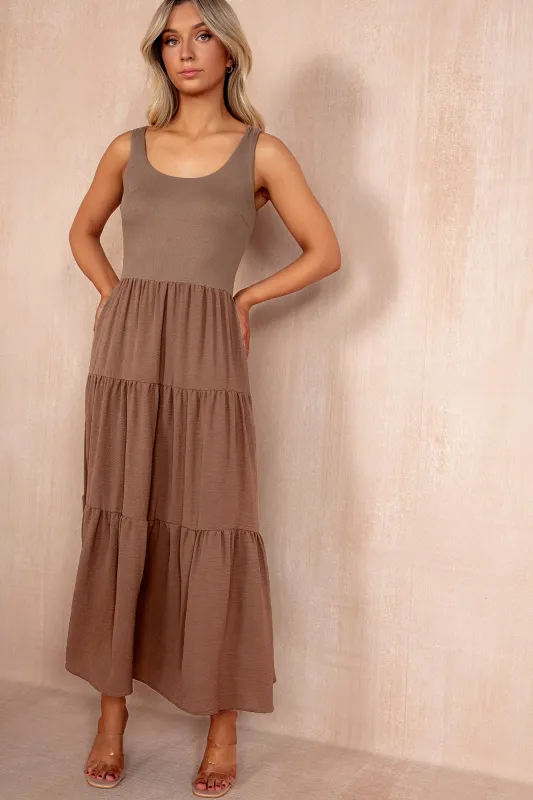 Casey Mocha Tiered Maxi Dress sold by Vavavoom