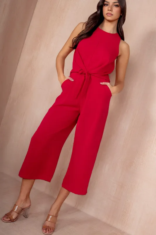 Cadhla Deep Cerise Tie Waist Jumpsuit sold by Va Va Voom