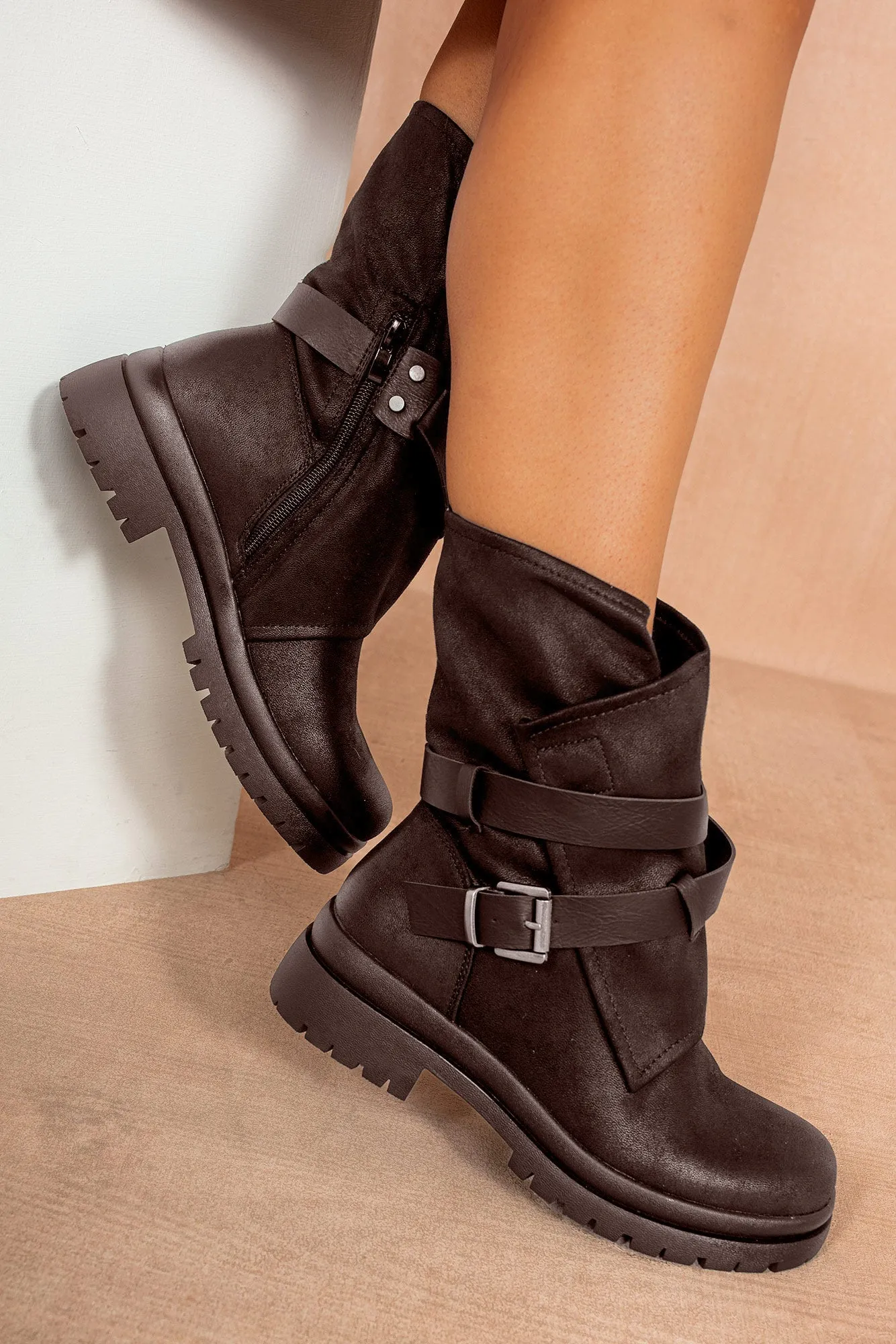 Hanora Chocolate Leather Look Chunky Ankle Boots sold by Va Va Voom