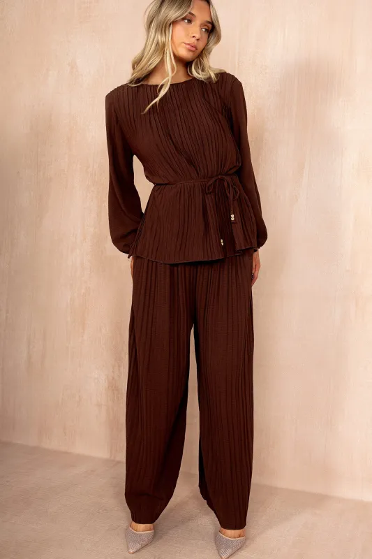 Theo Chocolate Pleated Belted Co Ord sold by Va Va Voom