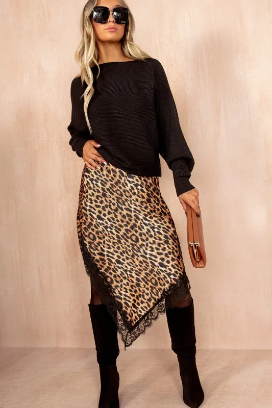 Destiny Leopard Print Satin Lace Asymmetric Skirt sold by Va Va Voom