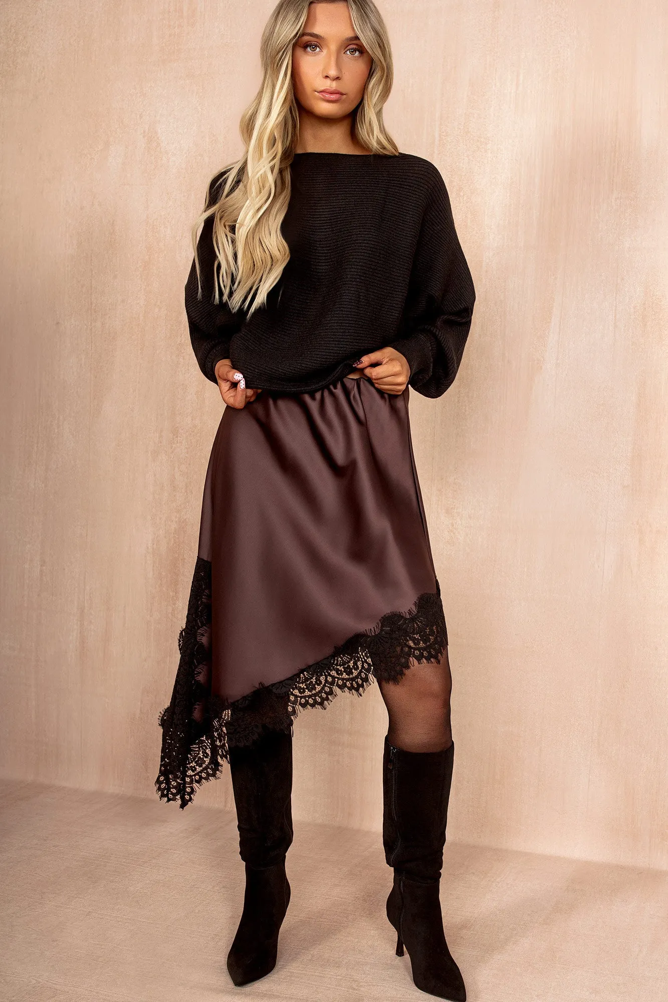 Imani Chocolate Satin Lace Asymmetric Skirt sold by Va Va Voom product image thumbnail 2