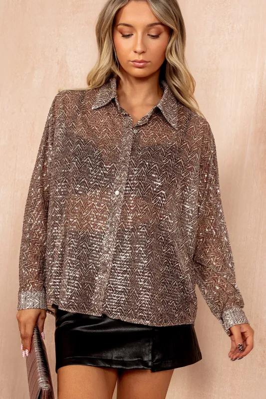 Olive Bronze Sheer Printed Sequin Shirt sold by Vavavoom