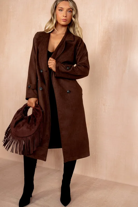 Carter Chocolate Faux Suede Trench Coat sold by Va Va Voom
