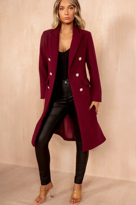 Winona Plum Longline Double Breasted Coat sold by Va Va Voom