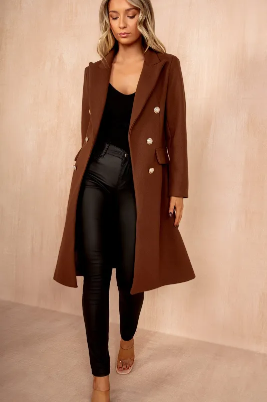 Winona Chocolate Longline Double Breasted Coat sold by Vavavoom