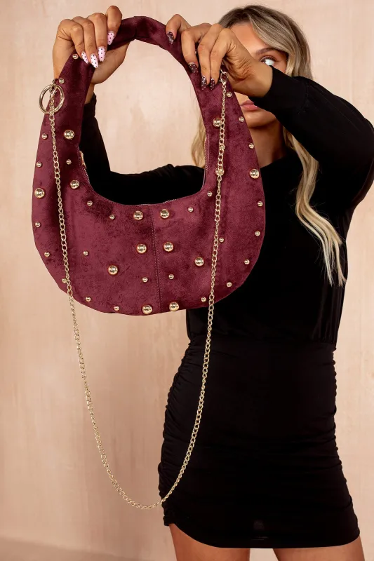 Spencer Cherry Red Faux Suede Studded Grab Bag sold by Vavavoom