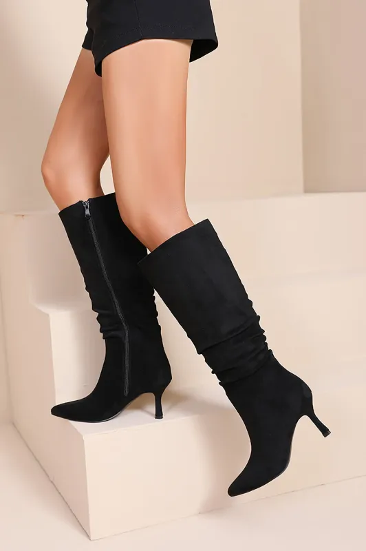 Amanza Black Suedette Knee High Boots sold by Va Va Voom