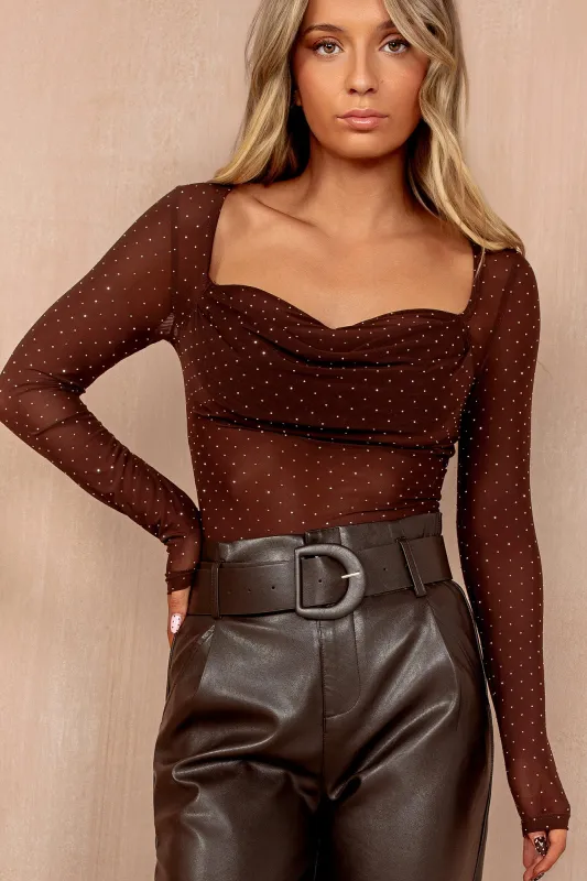 Scarlett Chocolate Mesh Diamante Bodysuit sold by Vavavoom