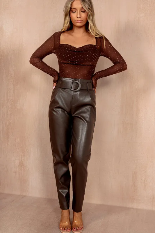 India Chocolate Leather Look Paperbag Trousers sold by Vavavoom