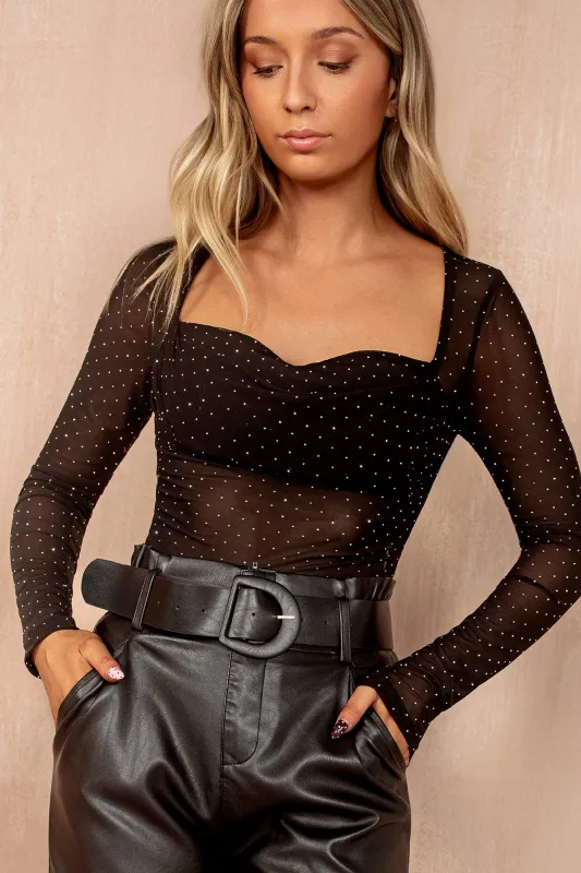 Scarlett Black Mesh Diamante Bodysuit sold by Va Va Voom