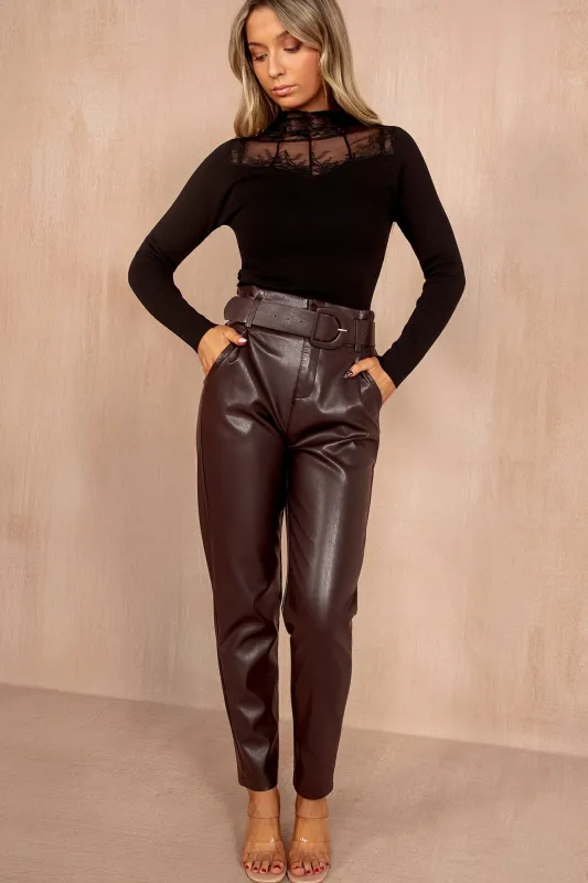 India Burgundy Leather Look Paperbag Trousers sold by Vavavoom