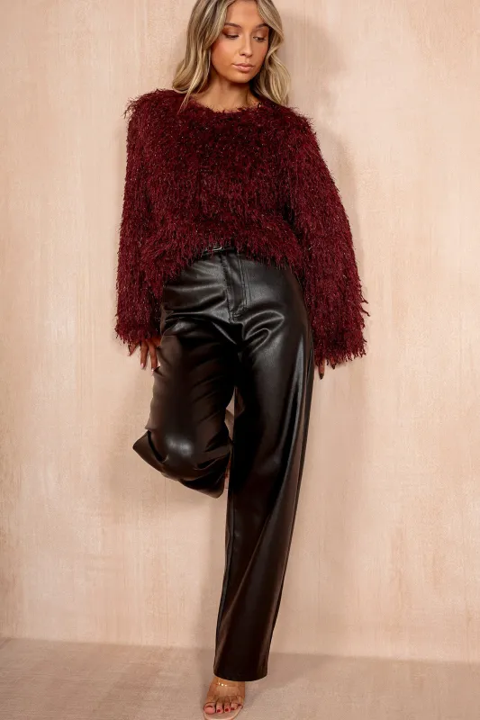 Zuri Burgundy Faux Feather Sparkle Top sold by Vavavoom