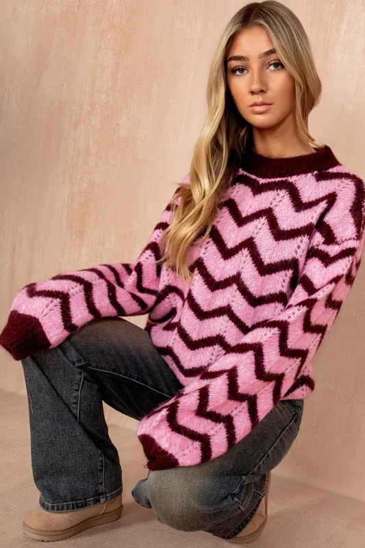 Perla Pink Chunky Knit Printed Jumper sold by Vavavoom