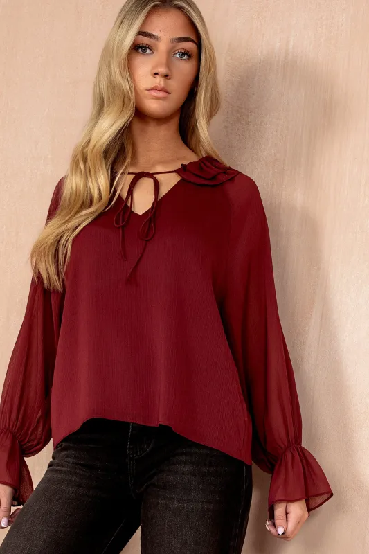 Violette Burgundy Chiffon Frill Blouse sold by Va Va Voom