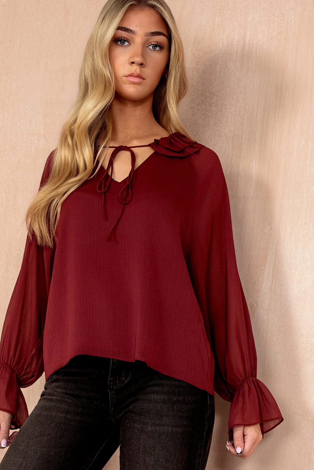 Violette Burgundy Chiffon Frill Blouse sold by Vavavoom