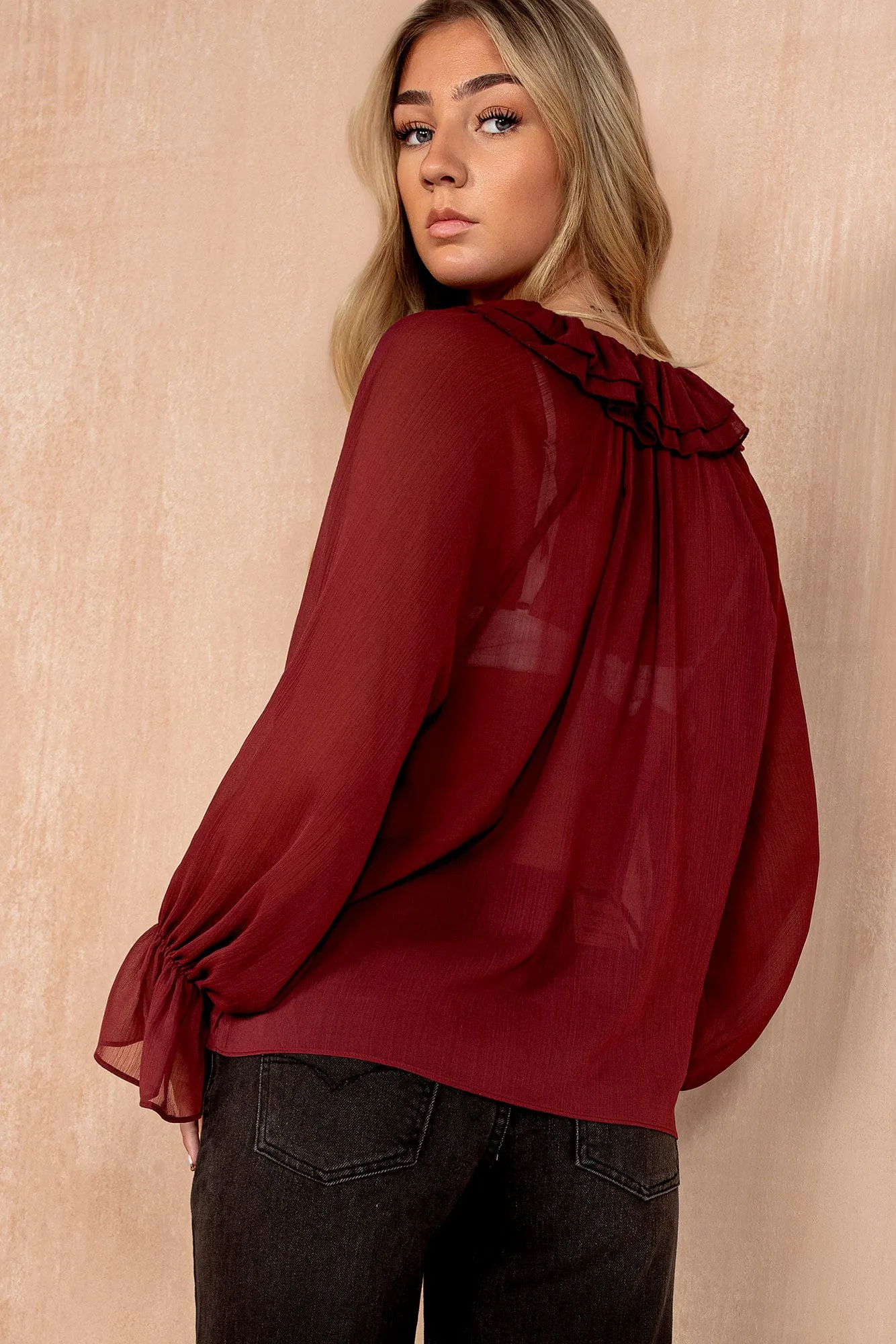 Violette Burgundy Chiffon Frill Blouse sold by Vavavoom product image thumbnail 3