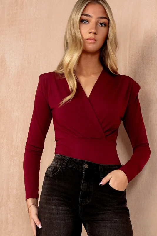 Marie Burgundy Slinky Wrap Bodysuit sold by Vavavoom