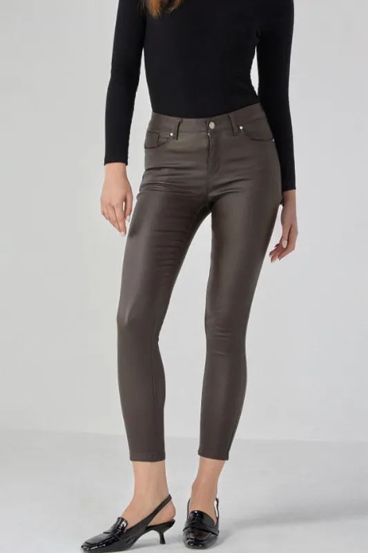 Minnie Chocolate Leather Look Push Up Trousers sold by Vavavoom