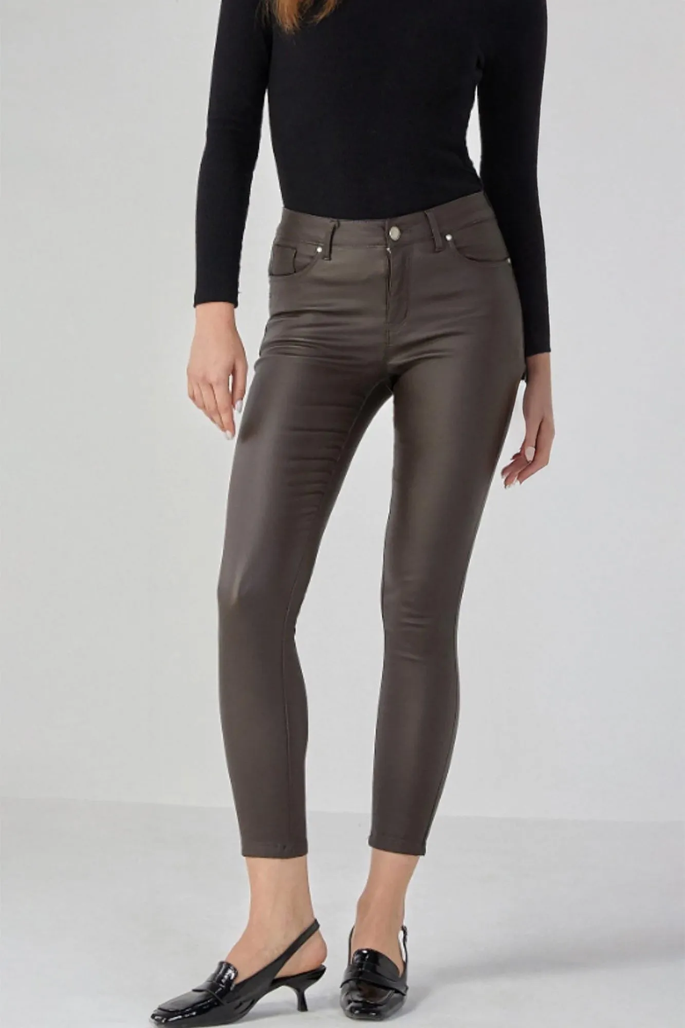 Minnie Chocolate Leather Look Push Up Trousers sold by Vavavoom