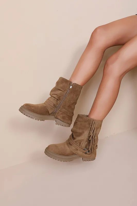 Ottilie Camel Fringed Suedette Ankle Boots sold by Vavavoom