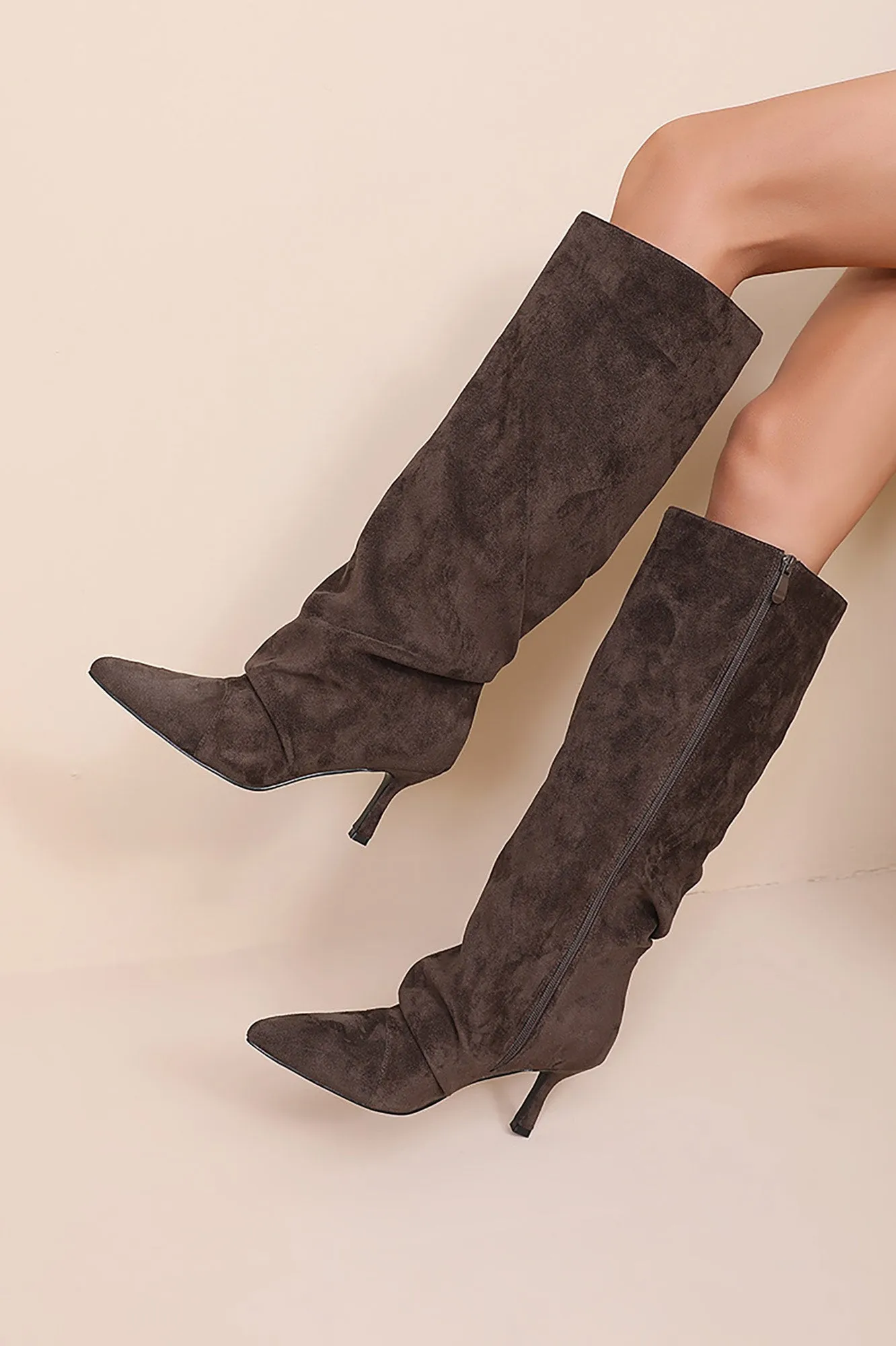 Audrey Light Brown Suedette Knee High Boots sold by Vavavoom