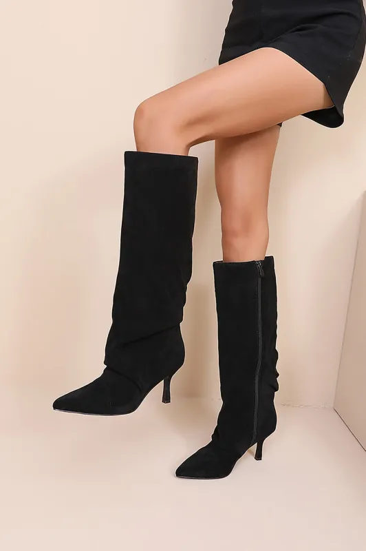 Audrey Black Suedette Knee High Boots sold by Vavavoom