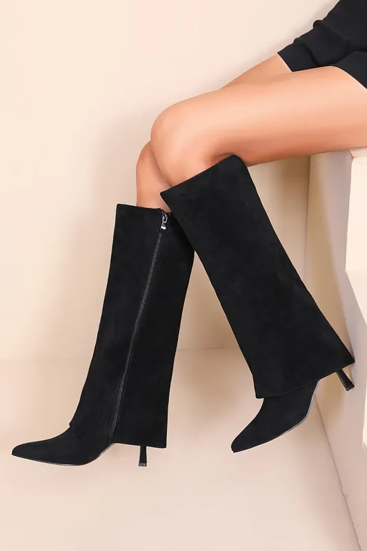 Phoebe Black Fold Over Suedette Knee High Boots sold by Vavavoom