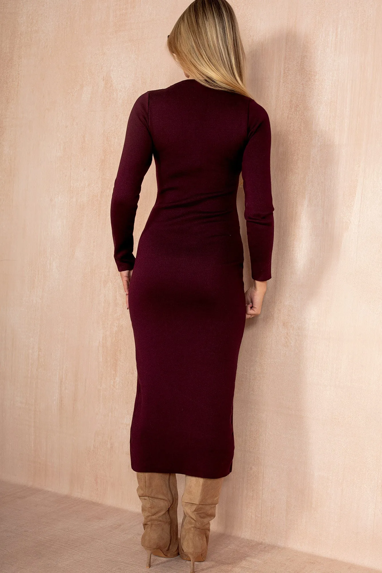 Qadira Burgundy Rib Knit Button Detail Midi Dress sold by Vavavoom product image thumbnail 3