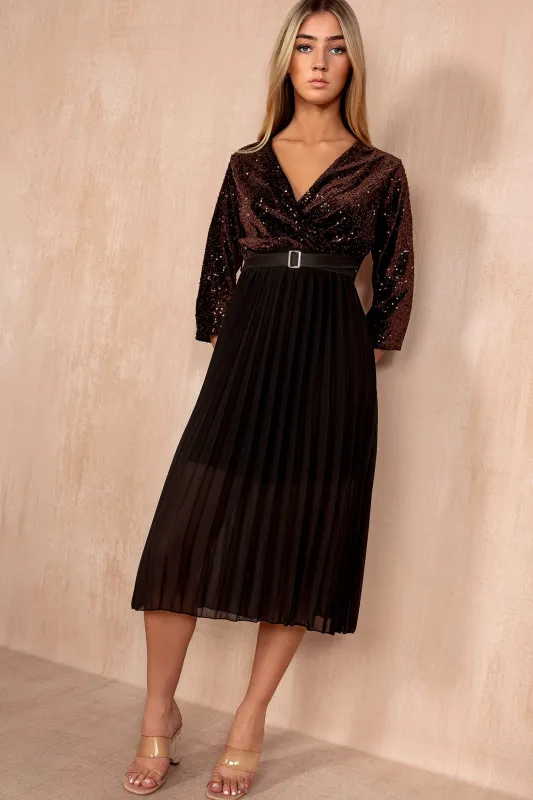 Kendal Chocolate and Black Velvet Sequin Belted Dress sold by Vavavoom