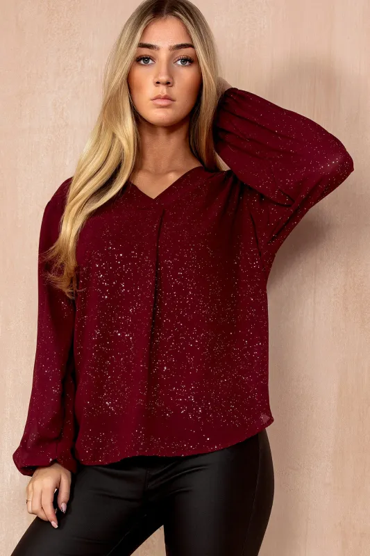 Joey Plum Chiffon Shimmer V Neck Top sold by Vavavoom