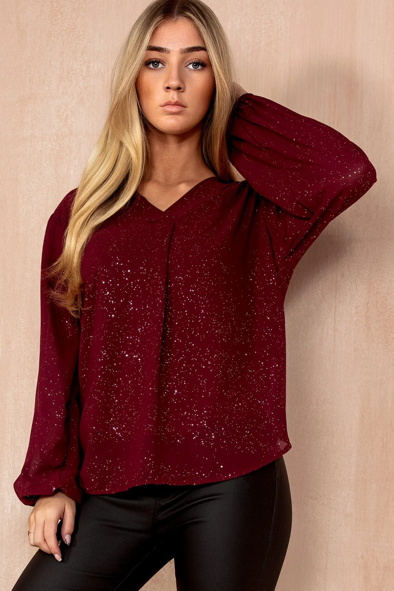 Joey Plum Chiffon Shimmer V Neck Top sold by Vavavoom