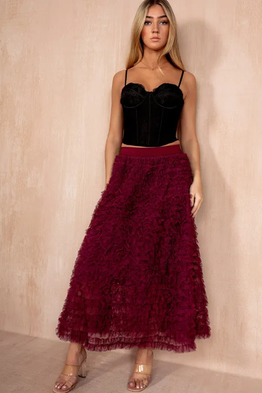 Andie Berry Ruffle Tulle Midi Skirt sold by Vavavoom