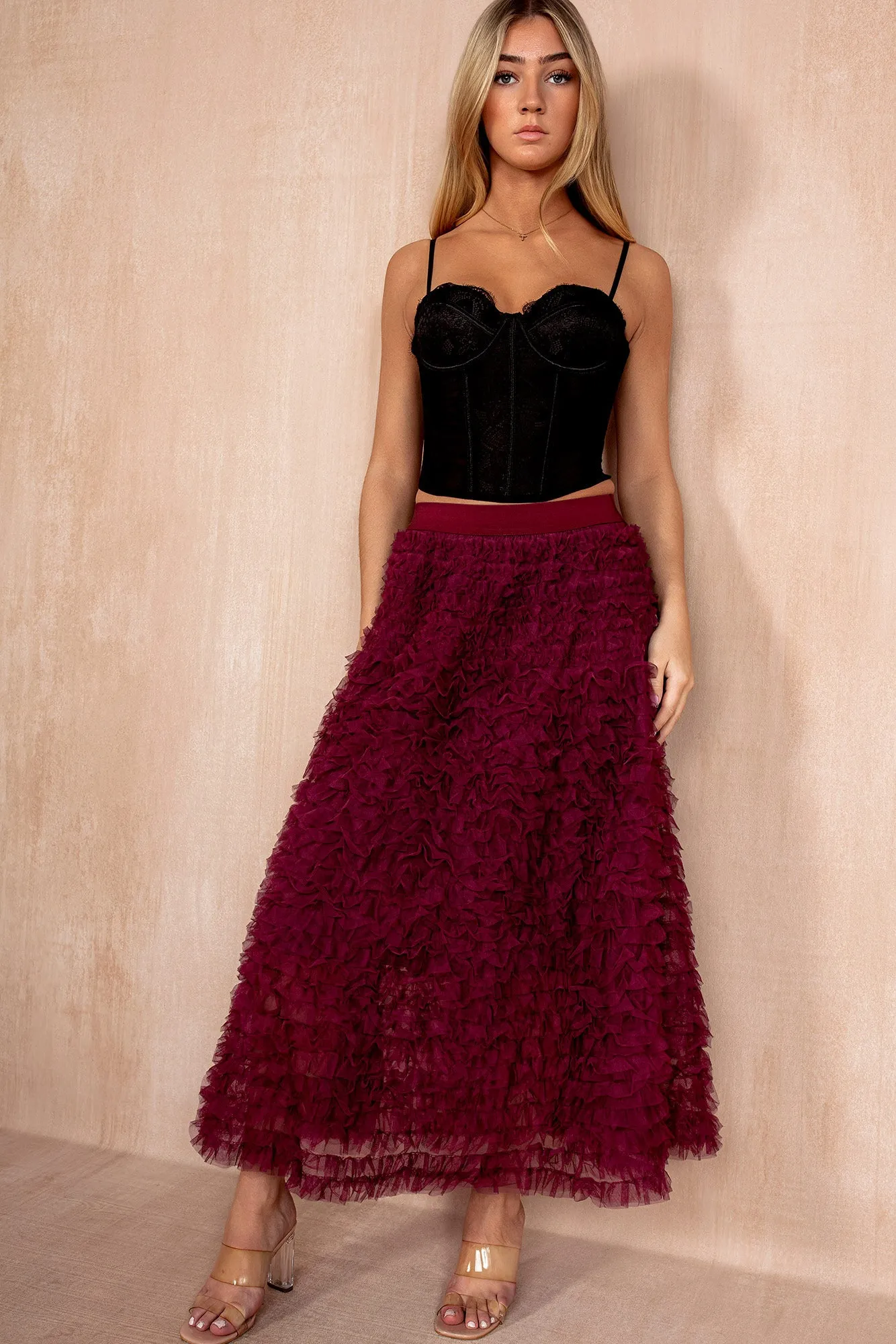 Andie Berry Ruffle Tulle Midi Skirt sold by Vavavoom