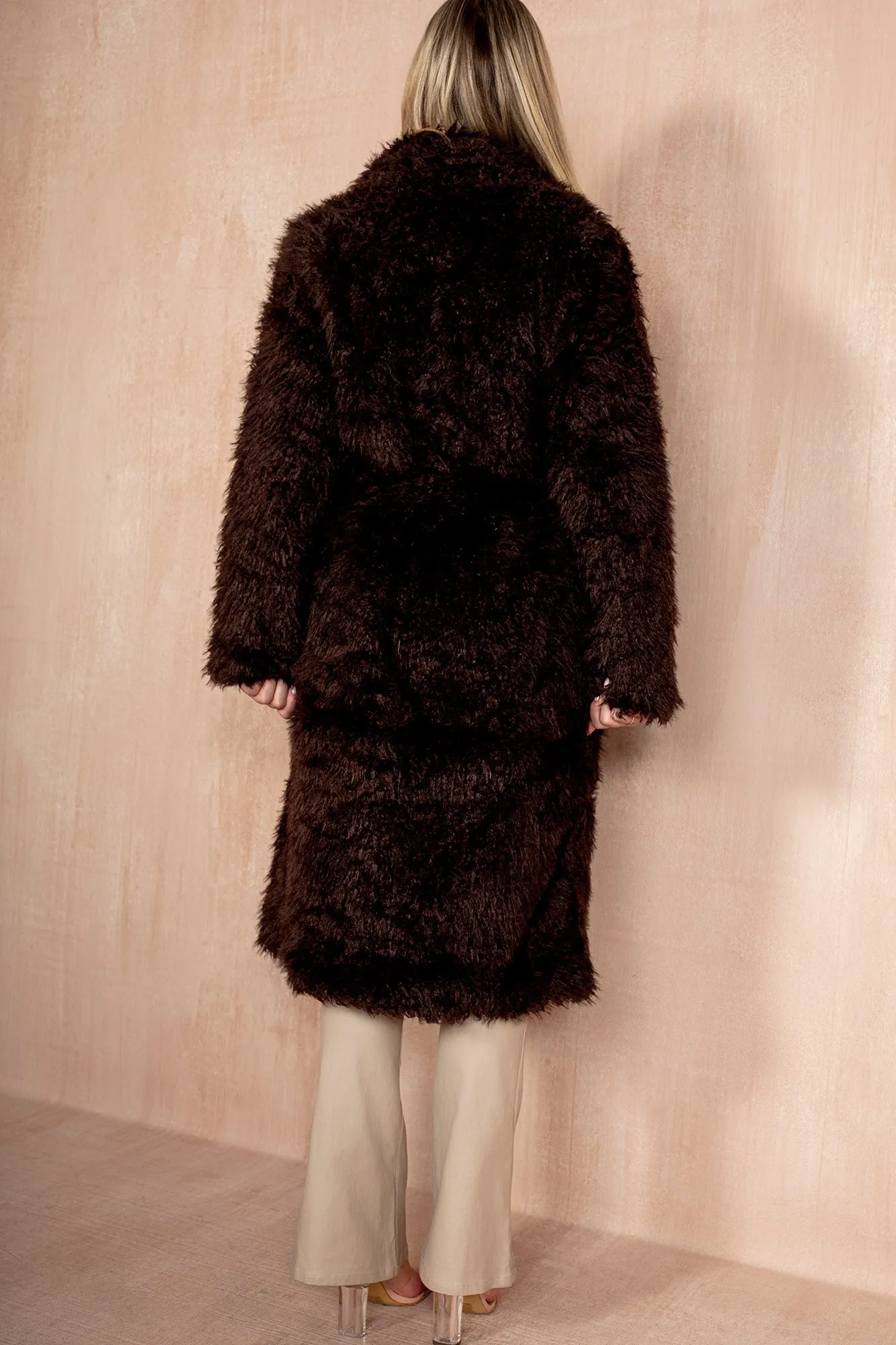 Paulette Chocolate Shaggy Faux Fur Belted Coat sold by Vavavoom product image thumbnail 3