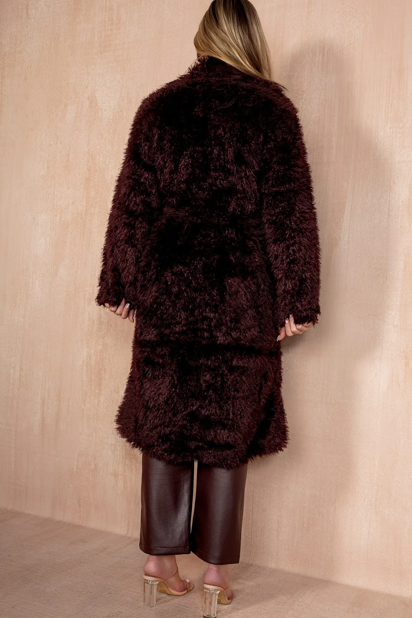Paulette Burgundy Shaggy Faux Fur Belted Coat sold by Vavavoom product image thumbnail 5