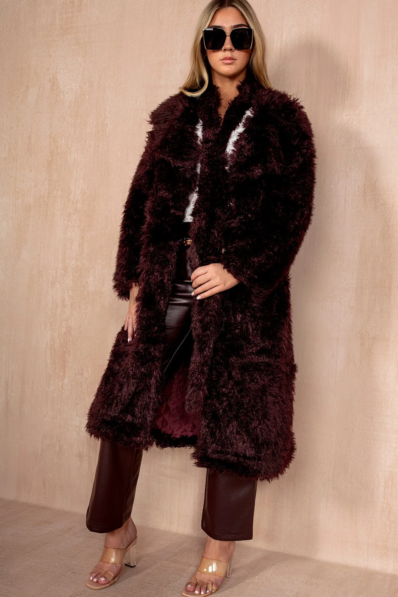 Paulette Burgundy Shaggy Faux Fur Belted Coat sold by Vavavoom product image thumbnail 2