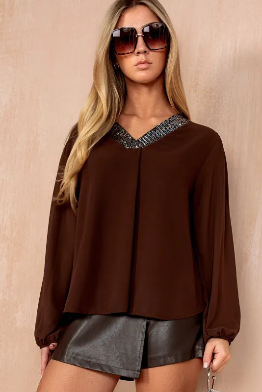Irmina Chocolate Chiffon Sequin V Neck Top sold by Vavavoom