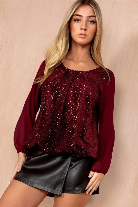 Allie Burgundy Chiffon Velvet Sequin Top sold by Vavavoom
