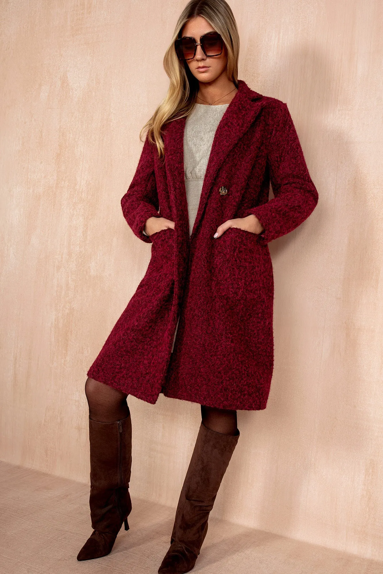 Angelina Burgundy Wool Double Breasted Coat sold by Vavavoom