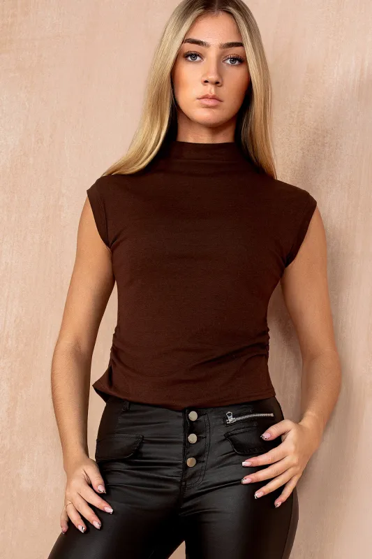 Francine Chocolate High Neck Ruched Top sold by Vavavoom