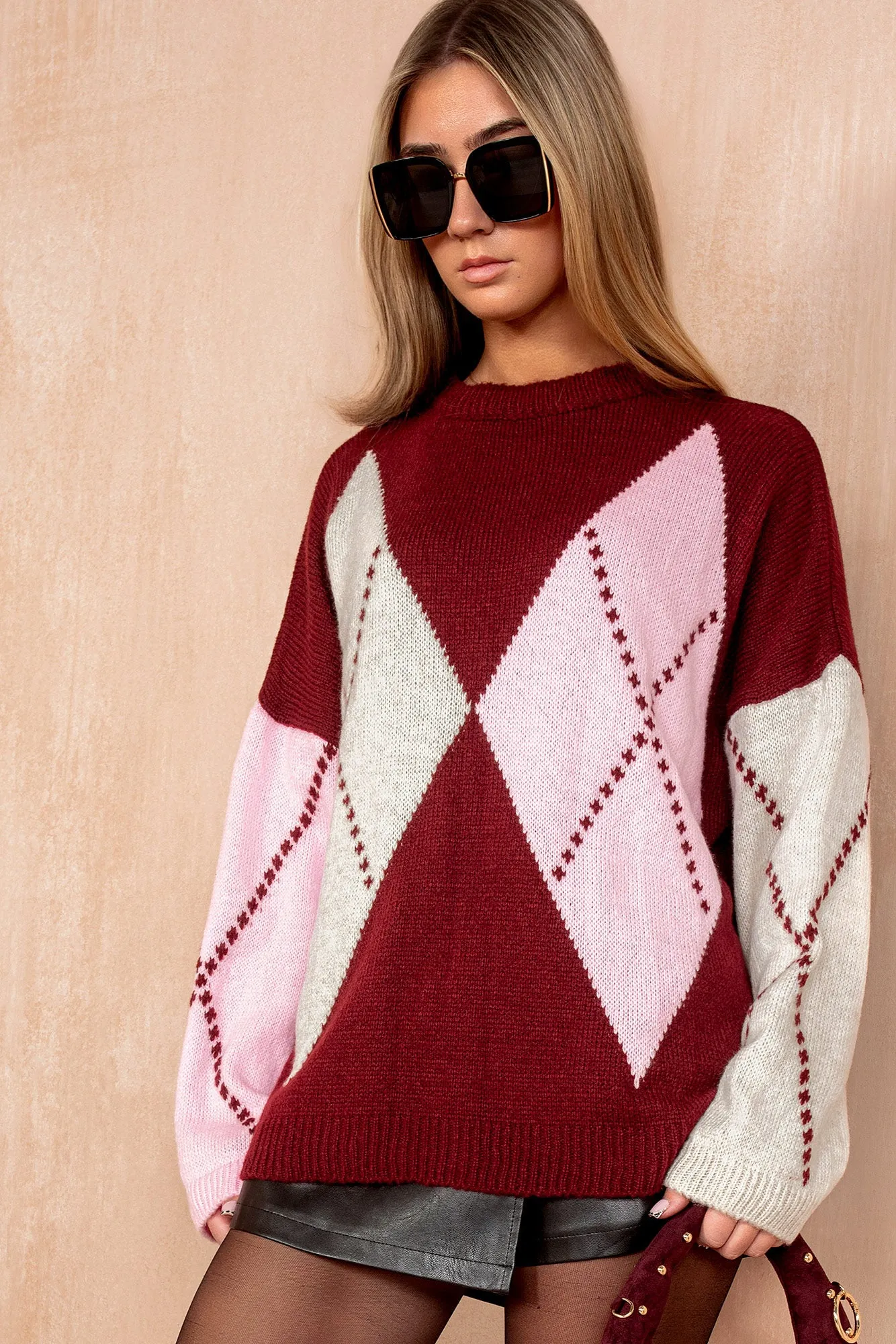 Valentina Pink and Burgundy Knit Argyle Oversized Jumper sold by Vavavoom