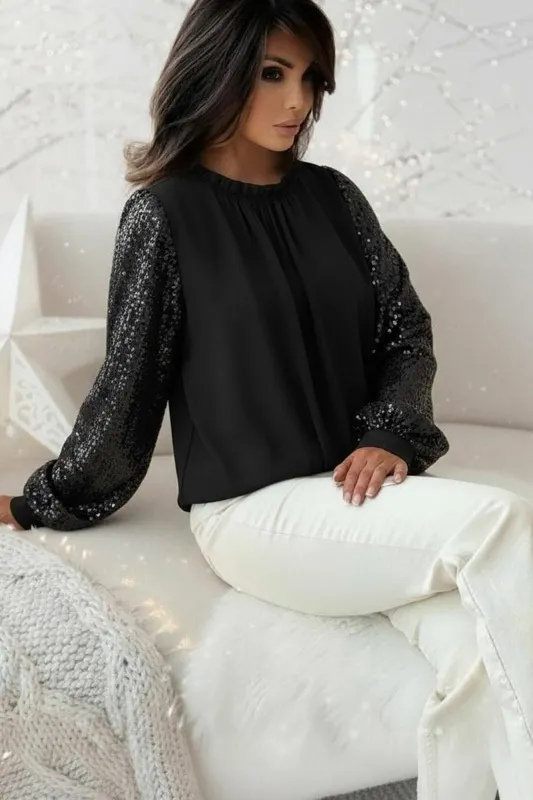 Zaniyah Black Chiffon Sequin Sleeve Top sold by Vavavoom
