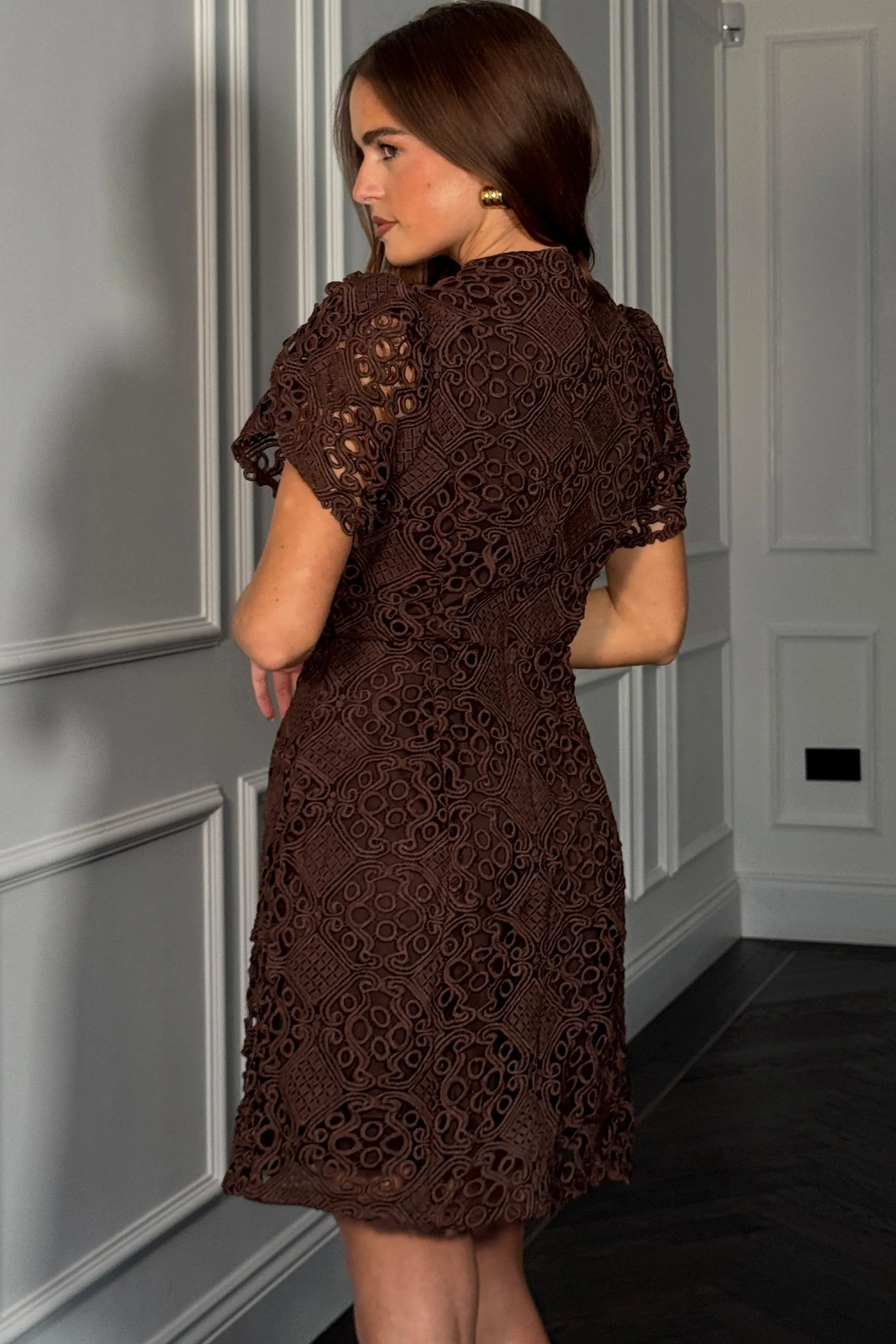 Ami Corded Chocolate Lace Tulip Sleeve Mini Dress sold by Vavavoom product image thumbnail 5