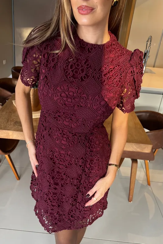Ami Corded Plum Lace Tulip Sleeve Mini Dress sold by Vavavoom