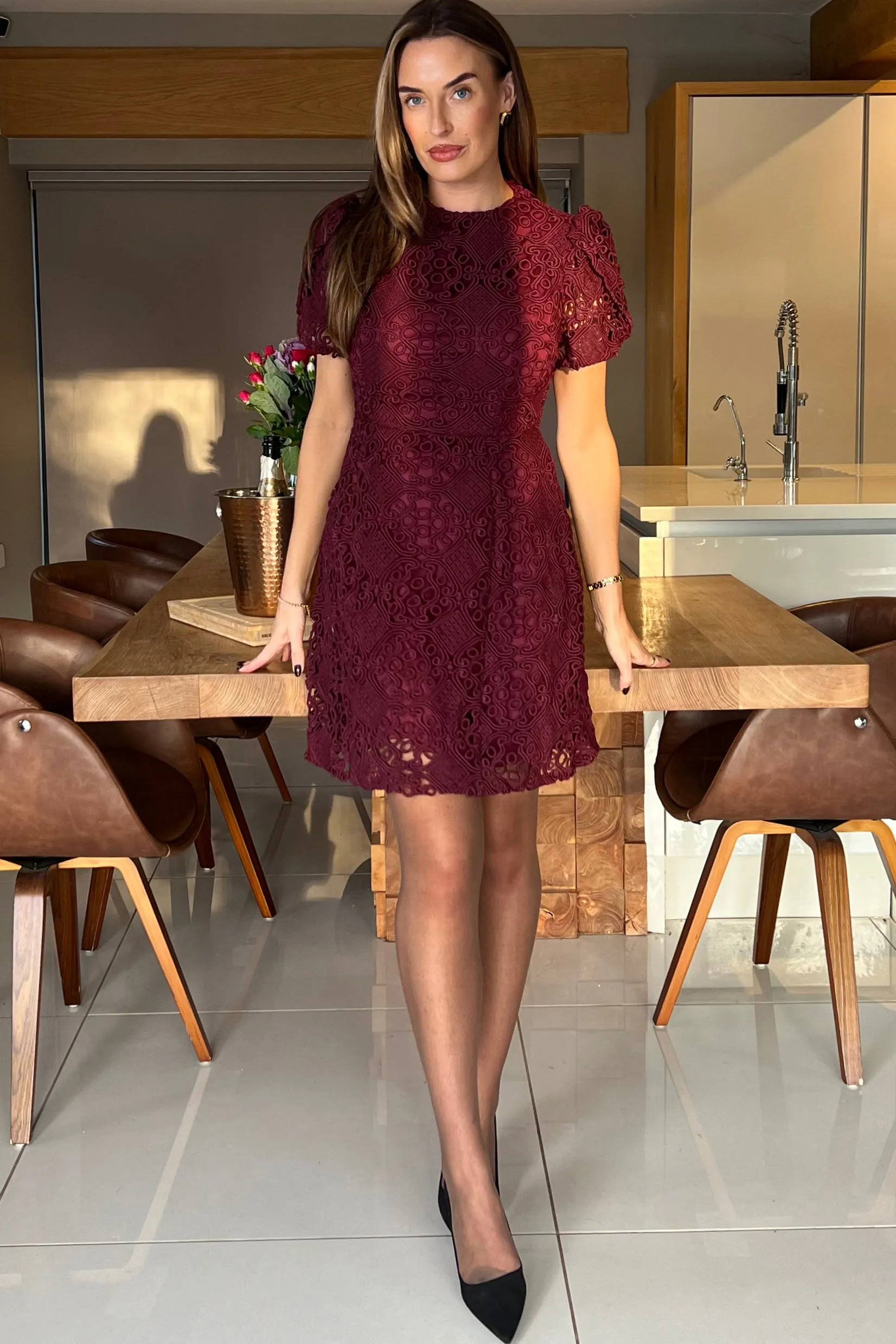 Ami Corded Plum Lace Tulip Sleeve Mini Dress sold by Vavavoom product image thumbnail 2