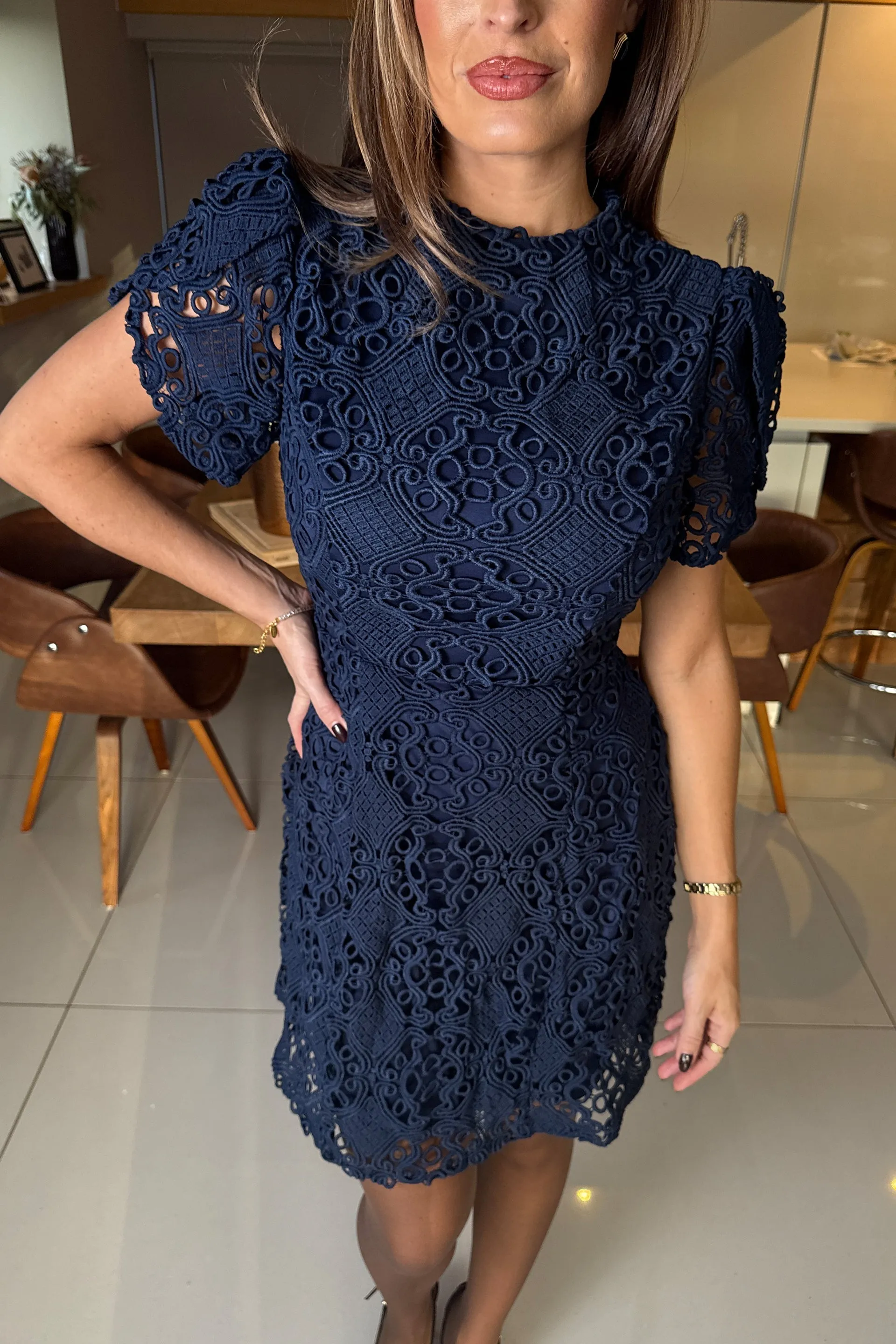 Ami Corded Navy Lace Tulip Sleeve Mini Dress sold by Vavavoom