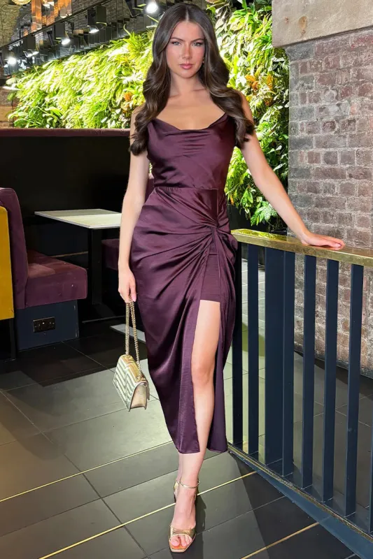 Blakely Plum Satin Knot Skirt Midi Dress sold by Vavavoom